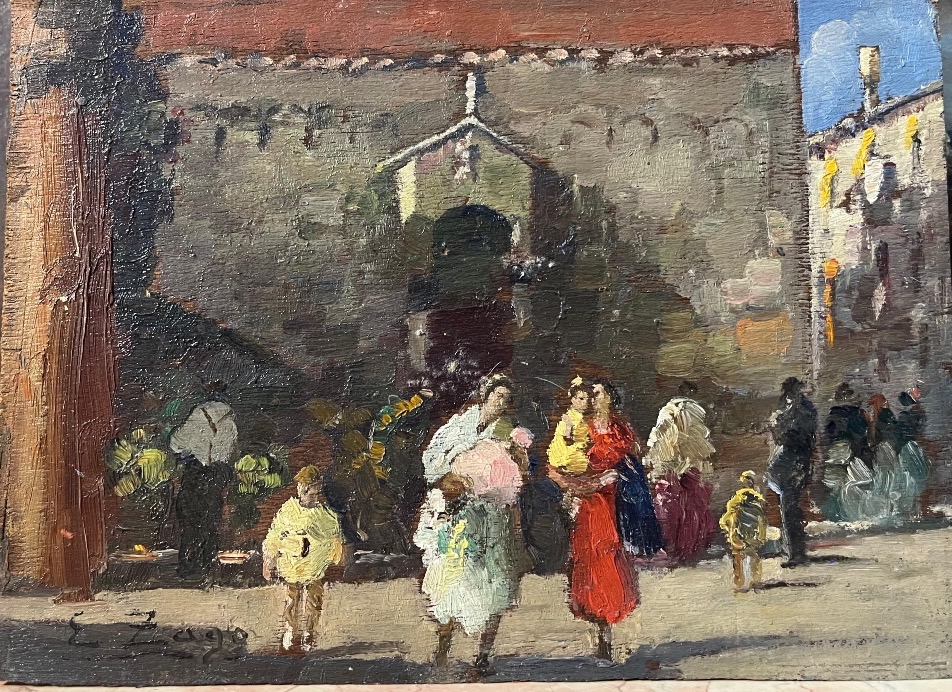 Petite vue de Venise avec marché près d’une église, Erma Zago (1880-1942)