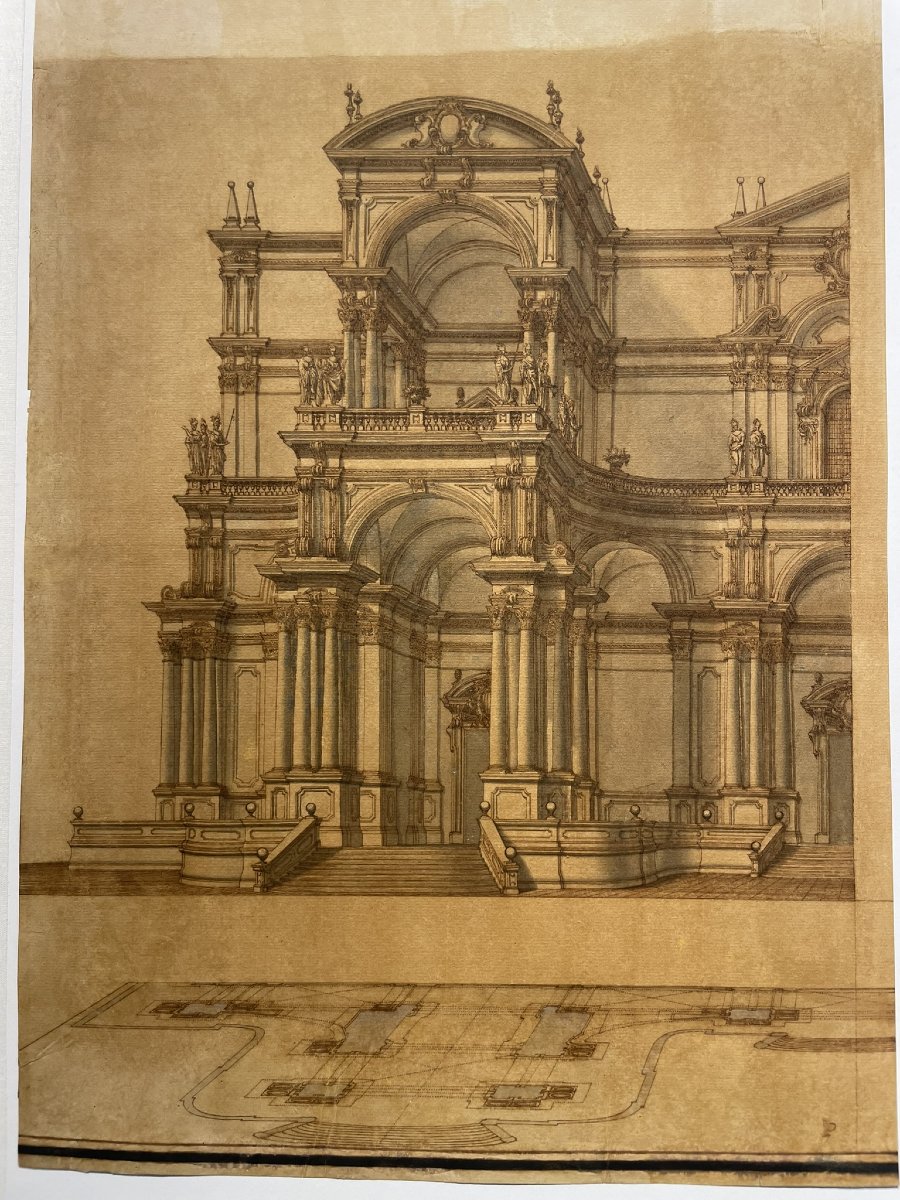 Architectural Drawing: Monumental Façade With Statues And Obelisks. 18th Cent-photo-2
