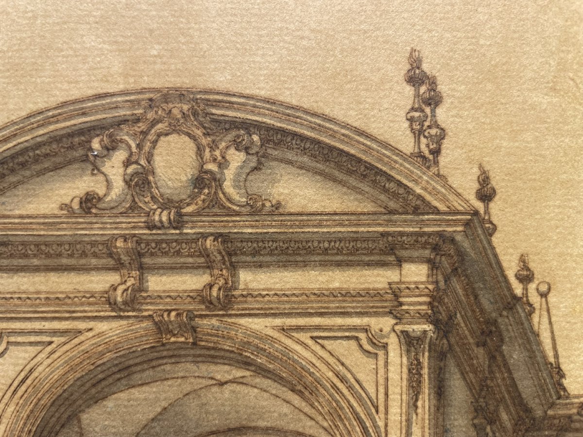 Architectural Drawing: Monumental Façade With Statues And Obelisks. 18th Cent-photo-6