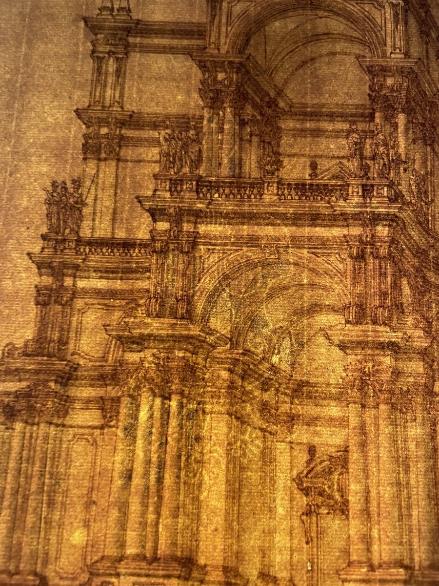 Architectural Drawing: Monumental Façade With Statues And Obelisks. 18th Cent-photo-3