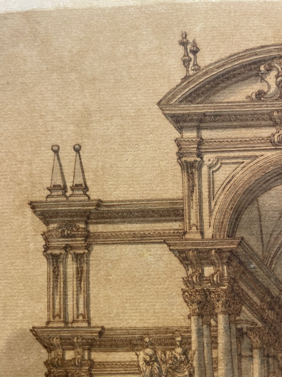 Architectural Drawing: Monumental Façade With Statues And Obelisks. 18th Cent-photo-5