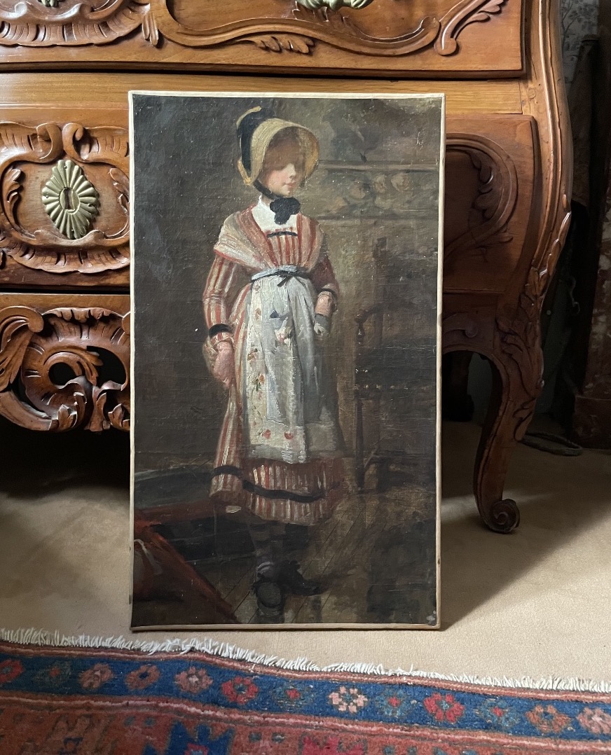 Study Of A Young Woman In A Straw Hat And Striped Dress, French School, Late 19th Century-photo-2
