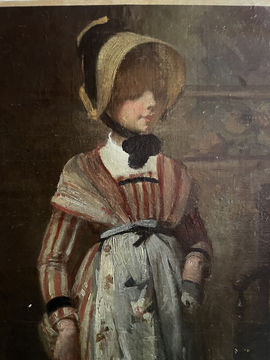 Study Of A Young Woman In A Straw Hat And Striped Dress, French School, Late 19th Century-photo-3