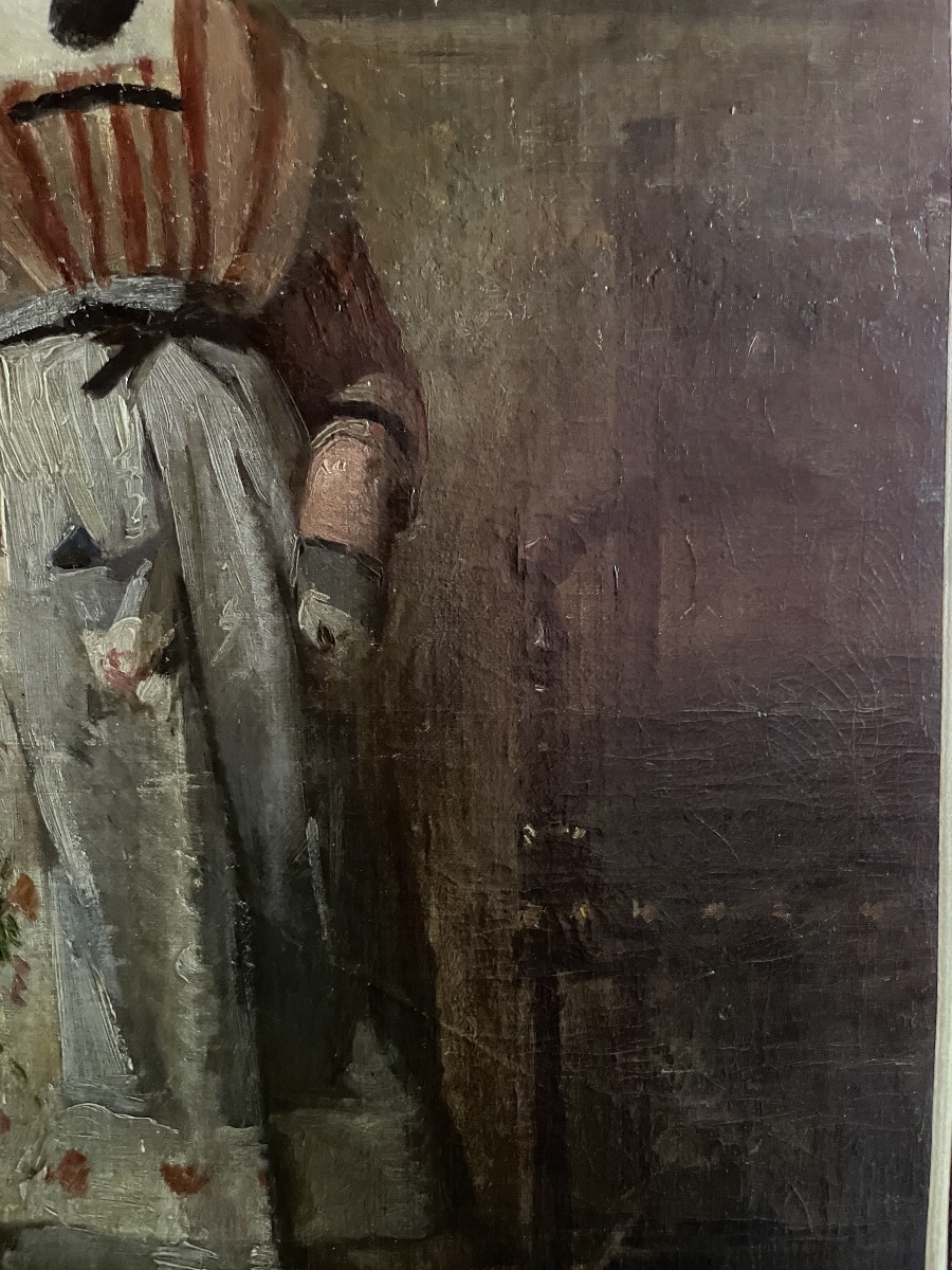 Study Of A Young Woman In A Straw Hat And Striped Dress, French School, Late 19th Century-photo-1