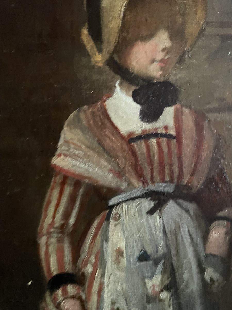 Study Of A Young Woman In A Straw Hat And Striped Dress, French School, Late 19th Century-photo-2