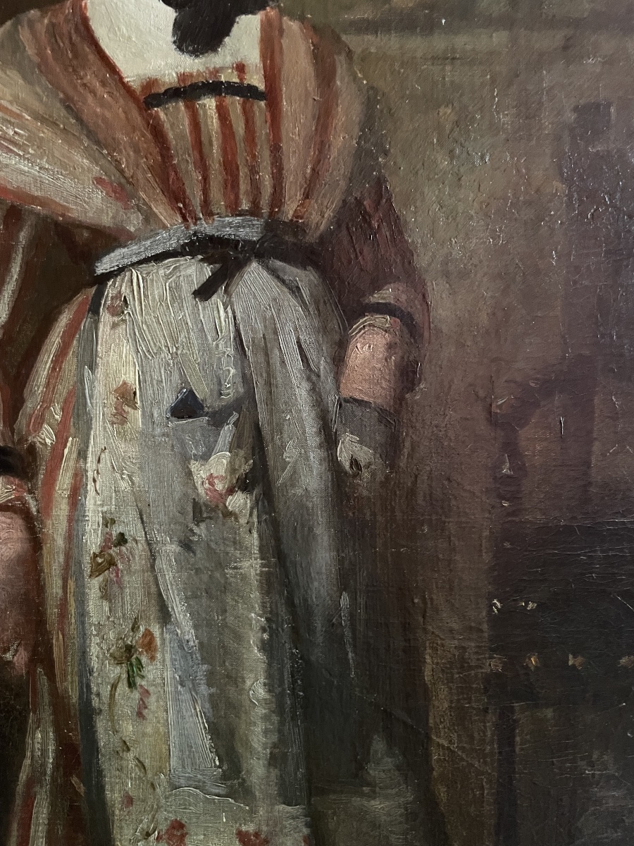 Study Of A Young Woman In A Straw Hat And Striped Dress, French School, Late 19th Century-photo-4