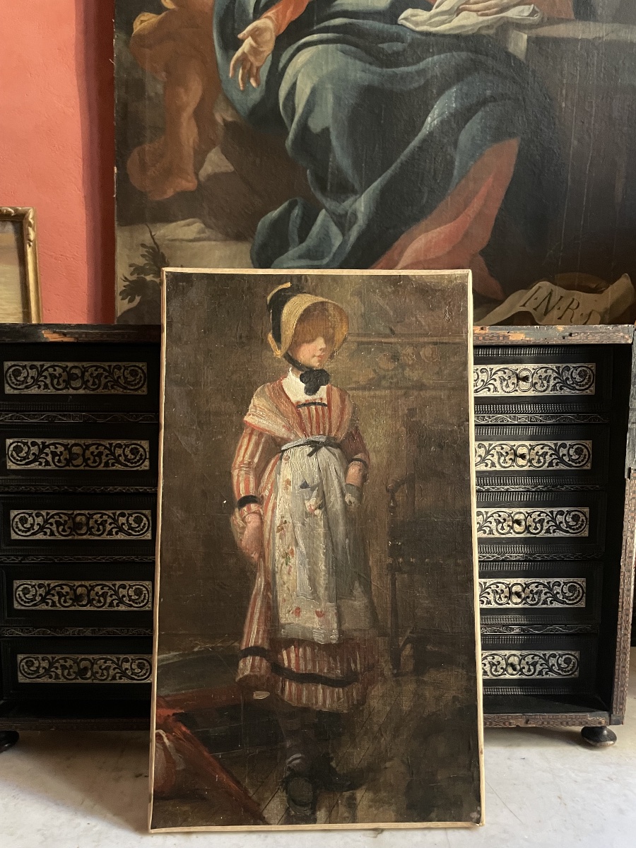 Study Of A Young Woman In A Straw Hat And Striped Dress, French School, Late 19th Century-photo-7