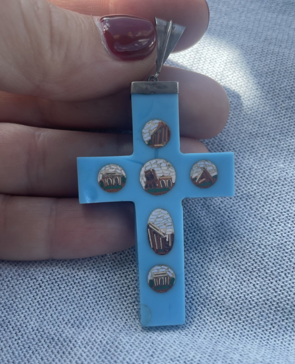 Micromosaic Cross On Blue Glass Paste Depicting Monuments Of Ancient Rome, Mid-19th Century  -photo-3