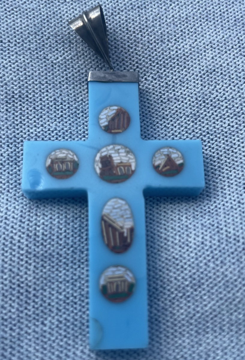 Micromosaic Cross On Blue Glass Paste Depicting Monuments Of Ancient Rome, Mid-19th Century  