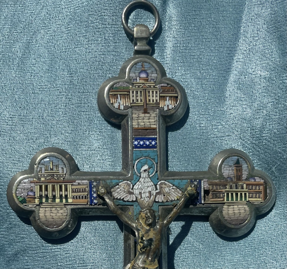 Croix en micromosaïque avec églises de Rome, XIXe siècle, 19 × 10 cm-photo-2