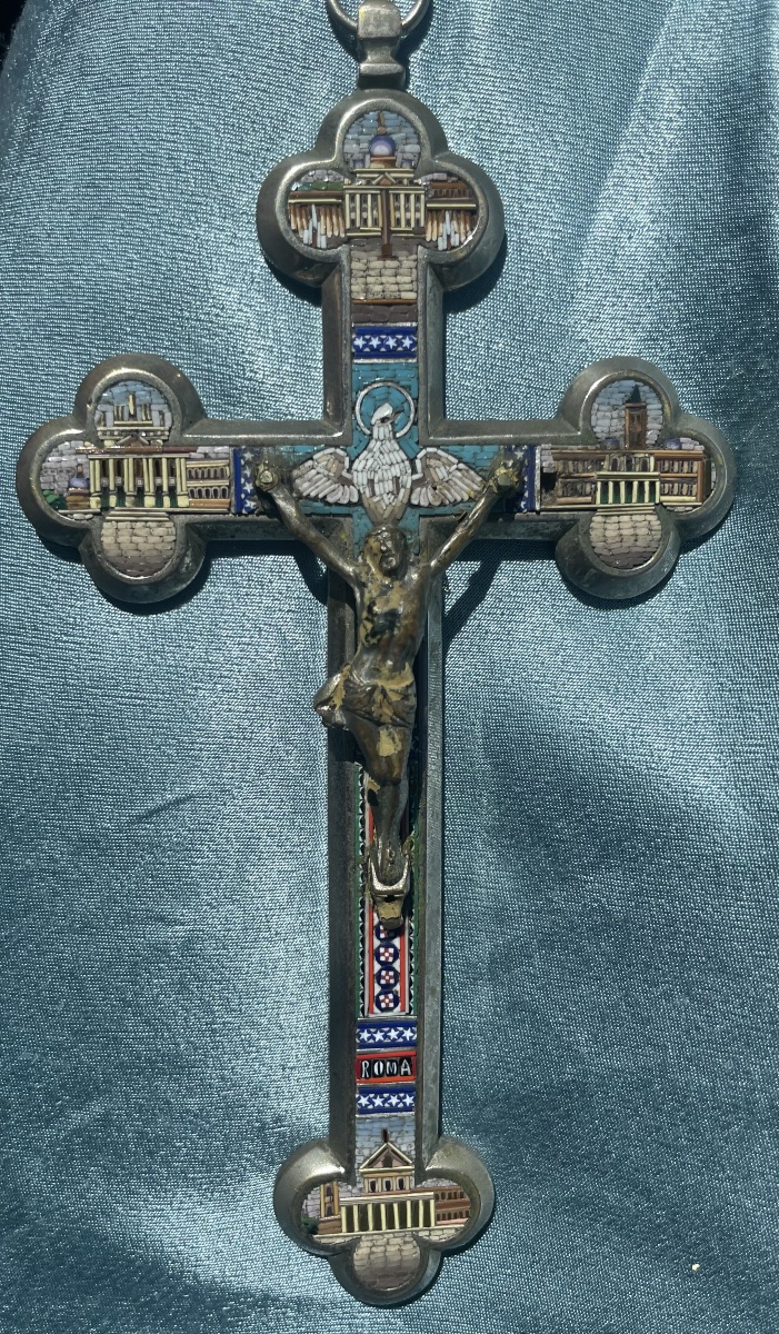 Croix en micromosaïque avec églises de Rome, XIXe siècle, 19 × 10 cm