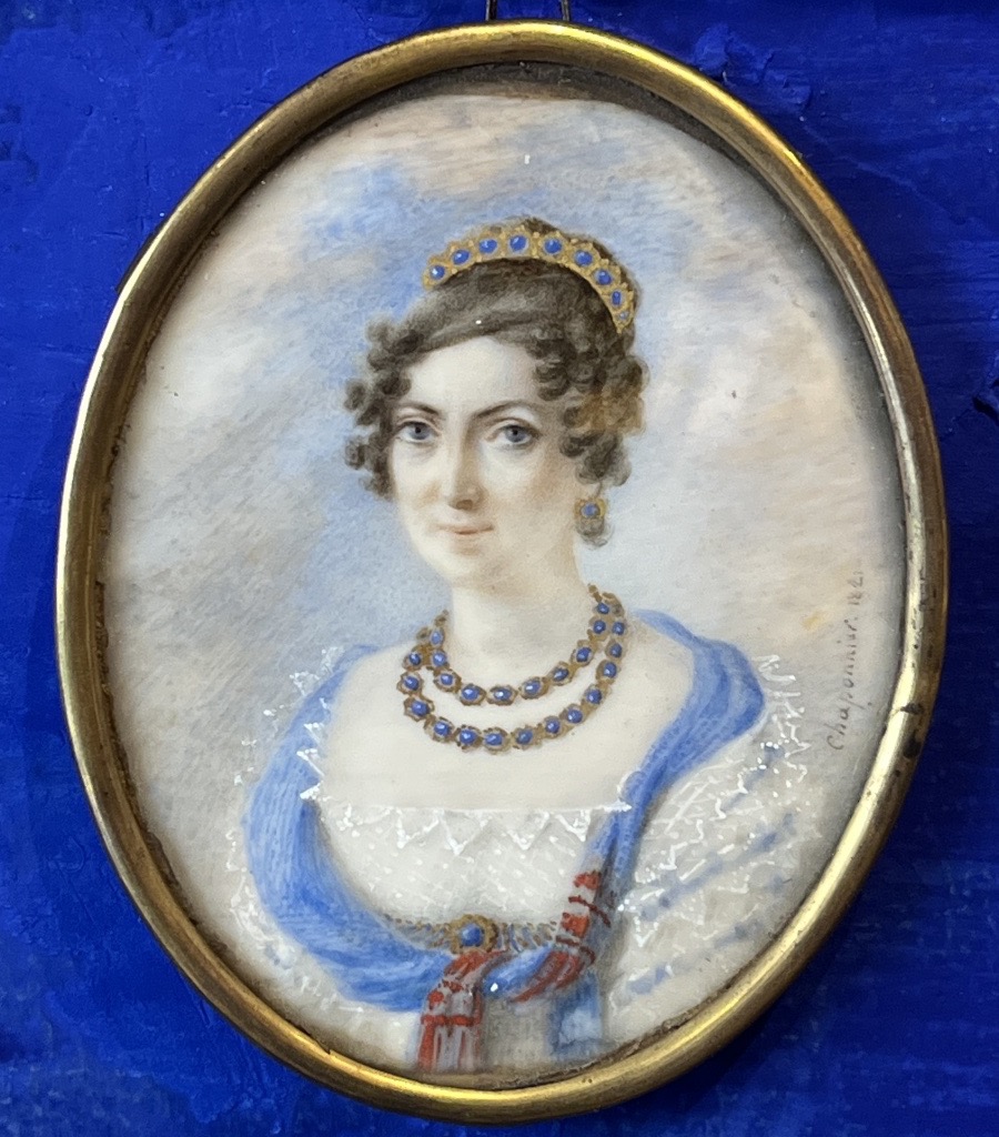 Portrait de dame à diadème d’époque Restauration – Miniature signée Chaponnier, 1821  