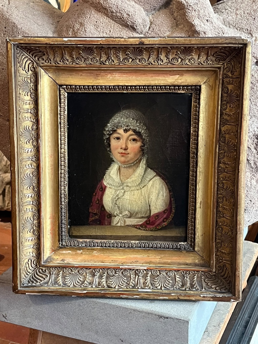 Portrait de dame à la coiffe et au châle rouge, école française, vers 1820 -photo-2