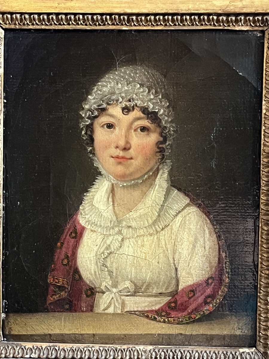 Portrait de dame à la coiffe et au châle rouge, école française, vers 1820 -photo-2