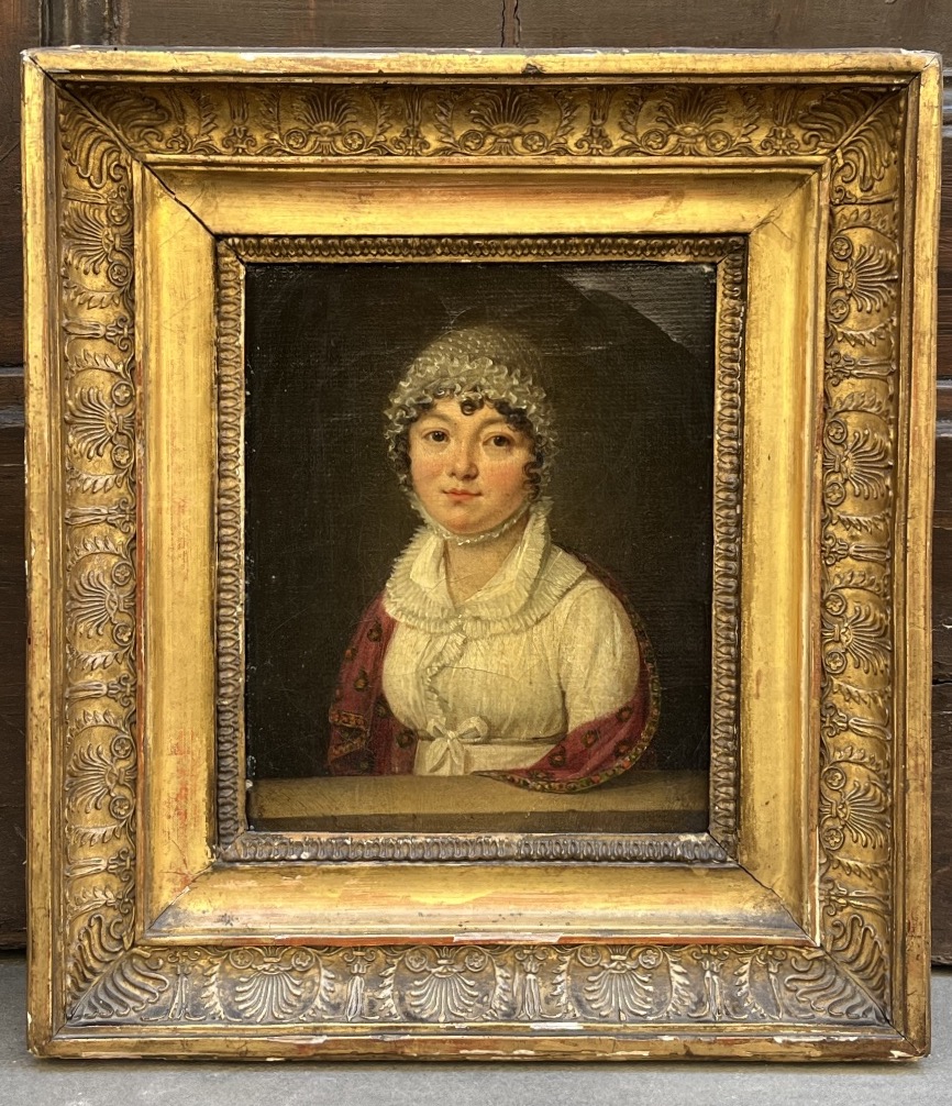 Portrait de dame à la coiffe et au châle rouge, école française, vers 1820 -photo-7