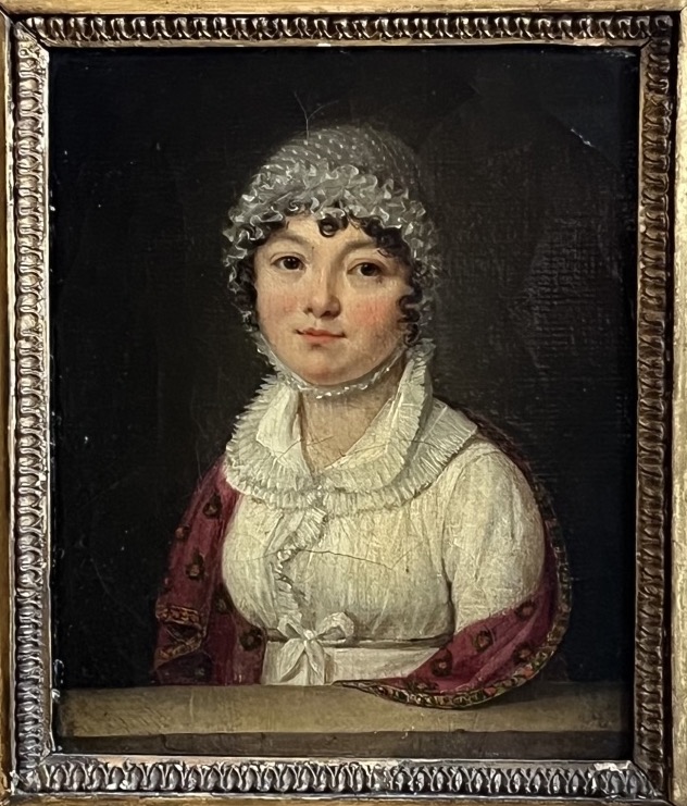 Portrait de dame à la coiffe et au châle rouge, école française, vers 1820 