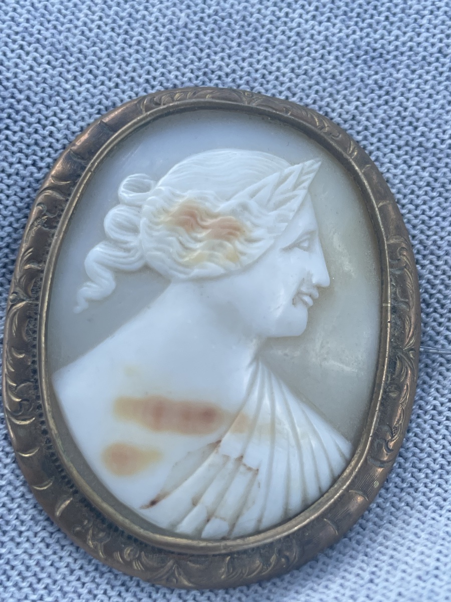 Shell Cameo Depicting A Woman's Profile, Set In A Chiseled Metal Frame, 19th Century  -photo-4