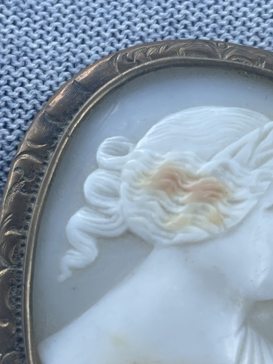 Shell Cameo Depicting A Woman's Profile, Set In A Chiseled Metal Frame, 19th Century  -photo-1