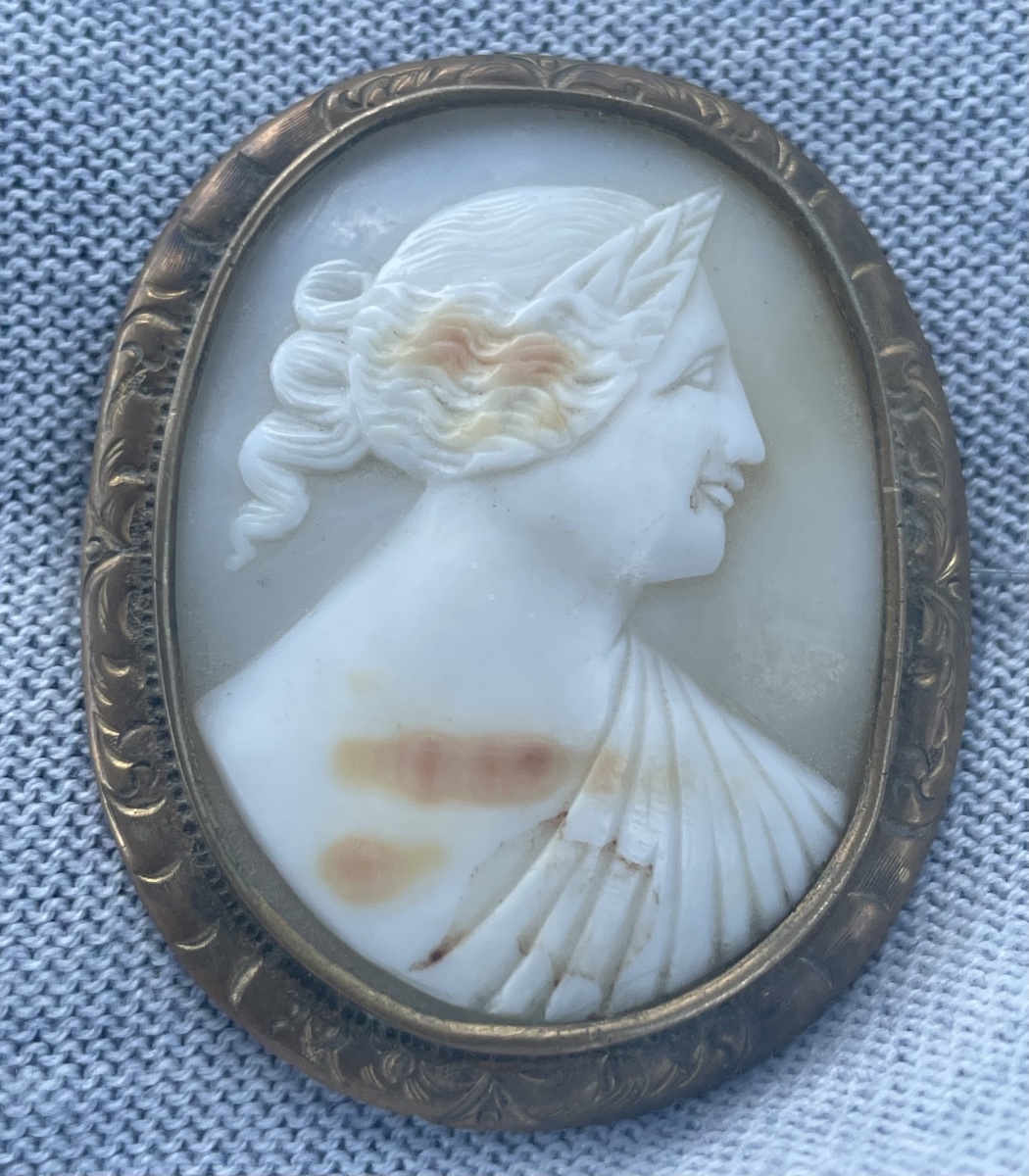 Shell Cameo Depicting A Woman's Profile, Set In A Chiseled Metal Frame, 19th Century  