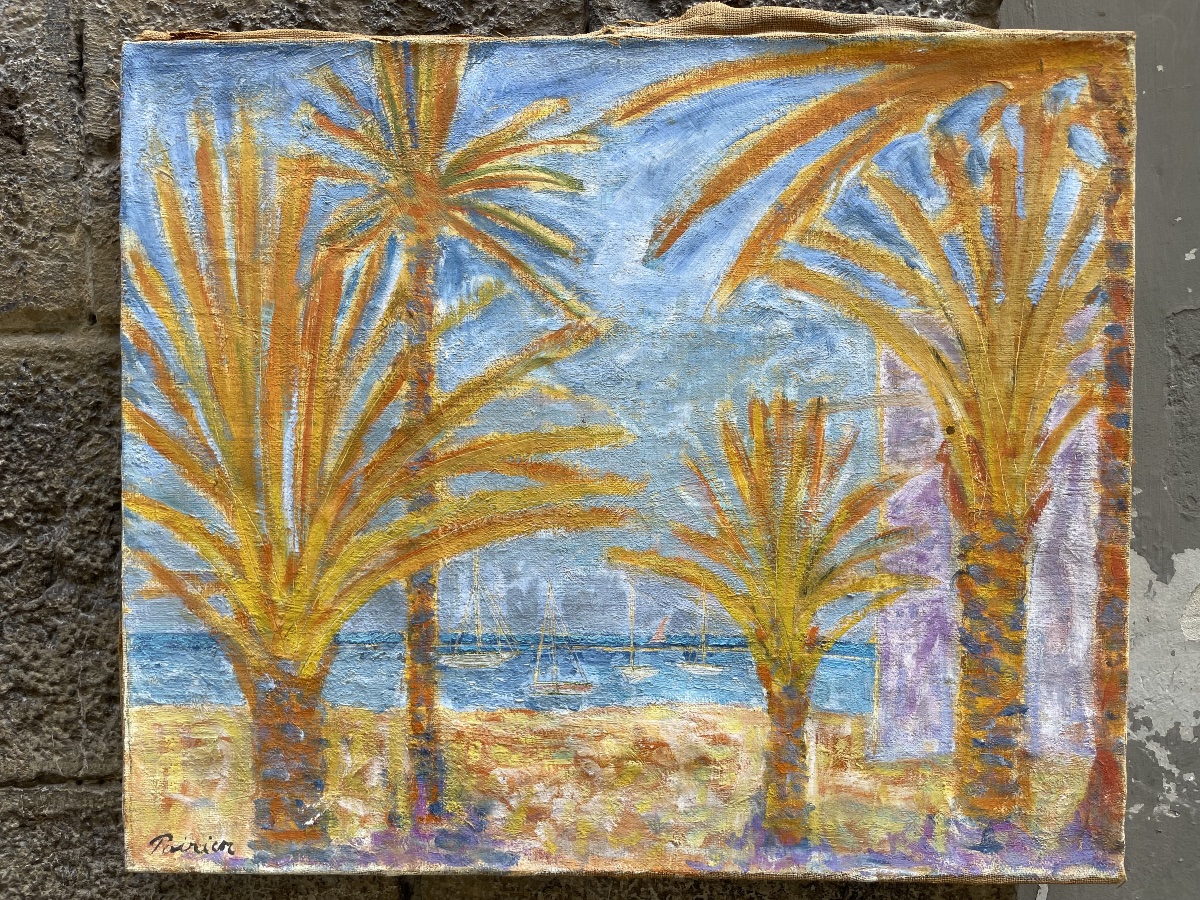 Mediterranean Coastal Landscape With Palm Trees And Sailboats, Signed Poirier, Circa 1940–1960 -photo-3