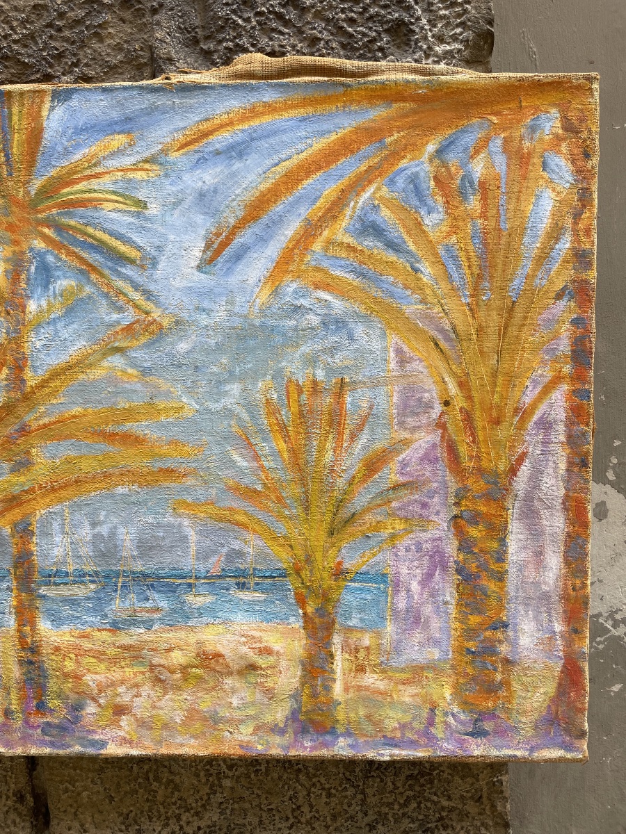 Mediterranean Coastal Landscape With Palm Trees And Sailboats, Signed Poirier, Circa 1940–1960 -photo-1