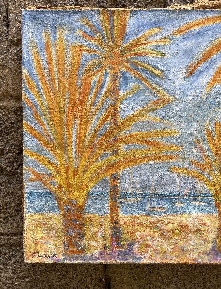 Mediterranean Coastal Landscape With Palm Trees And Sailboats, Signed Poirier, Circa 1940–1960 -photo-2