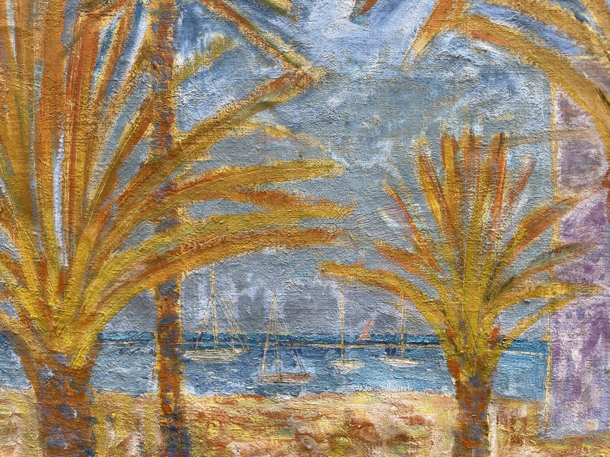 Mediterranean Coastal Landscape With Palm Trees And Sailboats, Signed Poirier, Circa 1940–1960 -photo-3