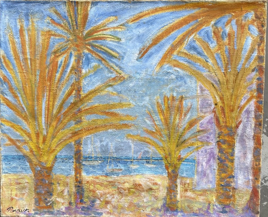 Mediterranean Coastal Landscape With Palm Trees And Sailboats, Signed Poirier, Circa 1940–1960 