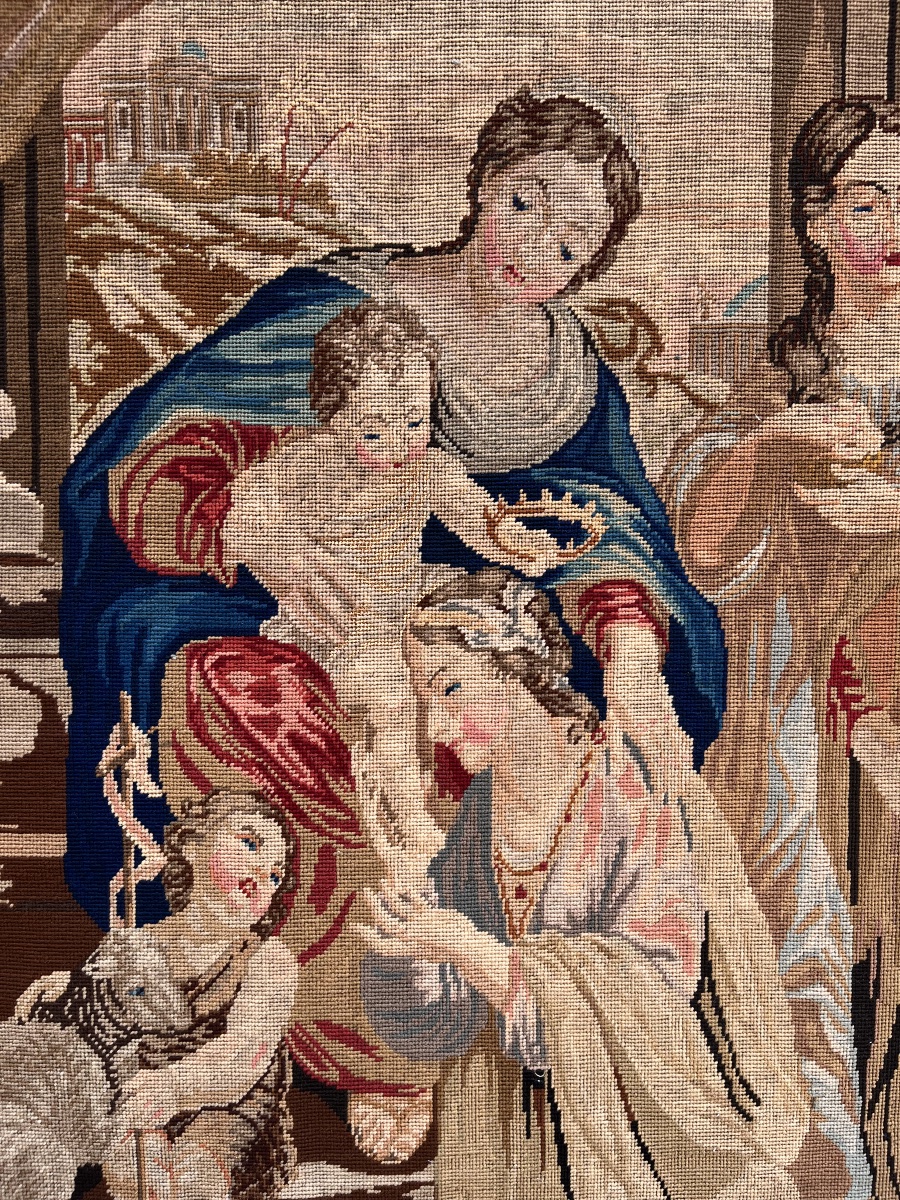 Needlework Tapestry In Gros Point – Mystic Marriage Of Saint Catherine, 19th Century  -photo-7