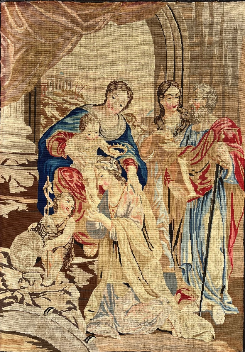 Needlework Tapestry In Gros Point – Mystic Marriage Of Saint Catherine, 19th Century  
