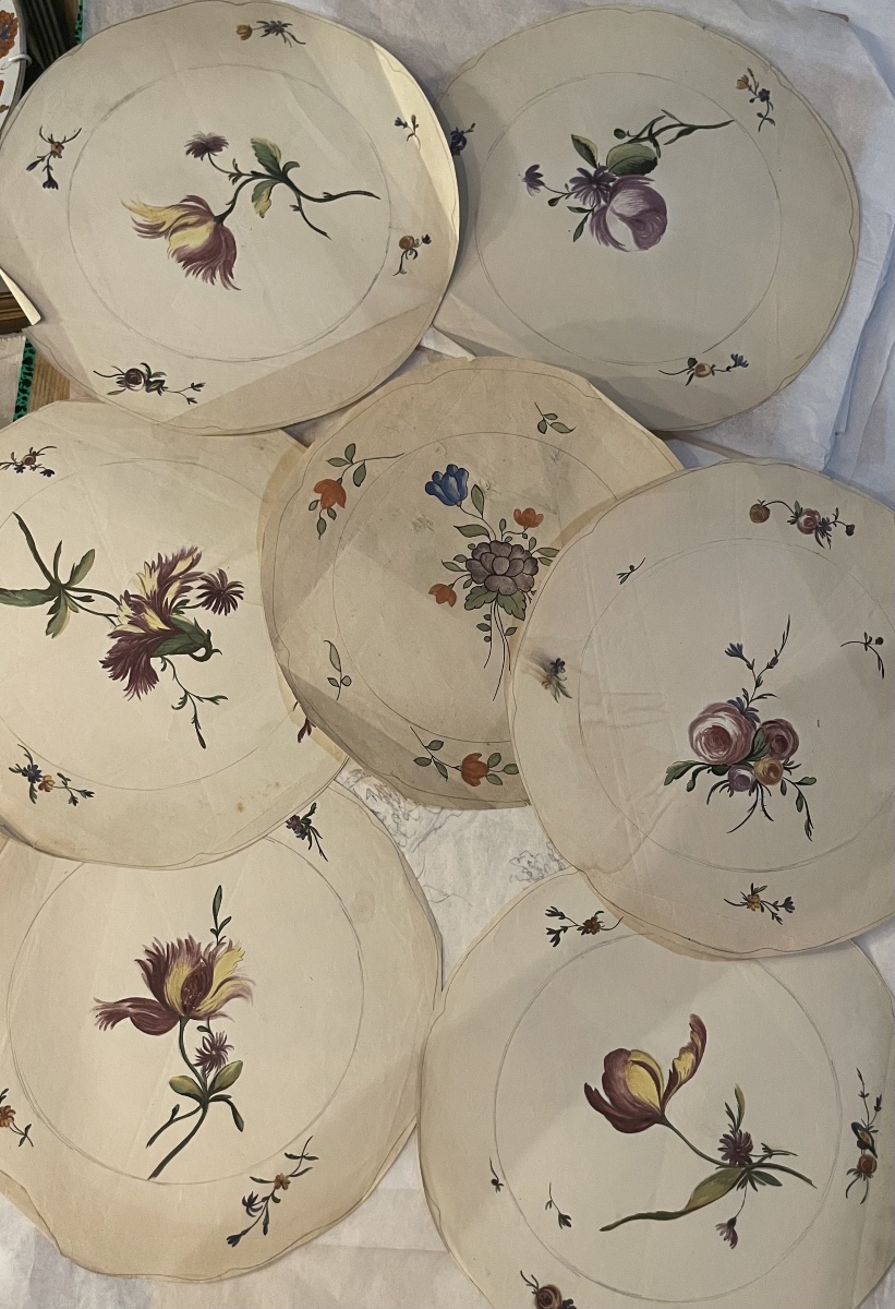 Seven Drawings Of Floral Designs For Ceramic Plates, After 18th-century Models-photo-1