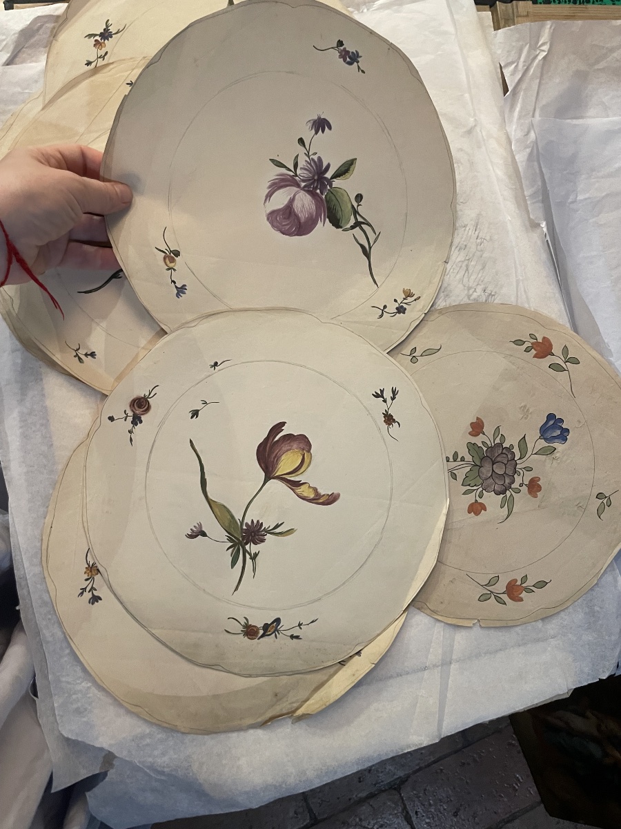 Seven Drawings Of Floral Designs For Ceramic Plates, After 18th-century Models-photo-4