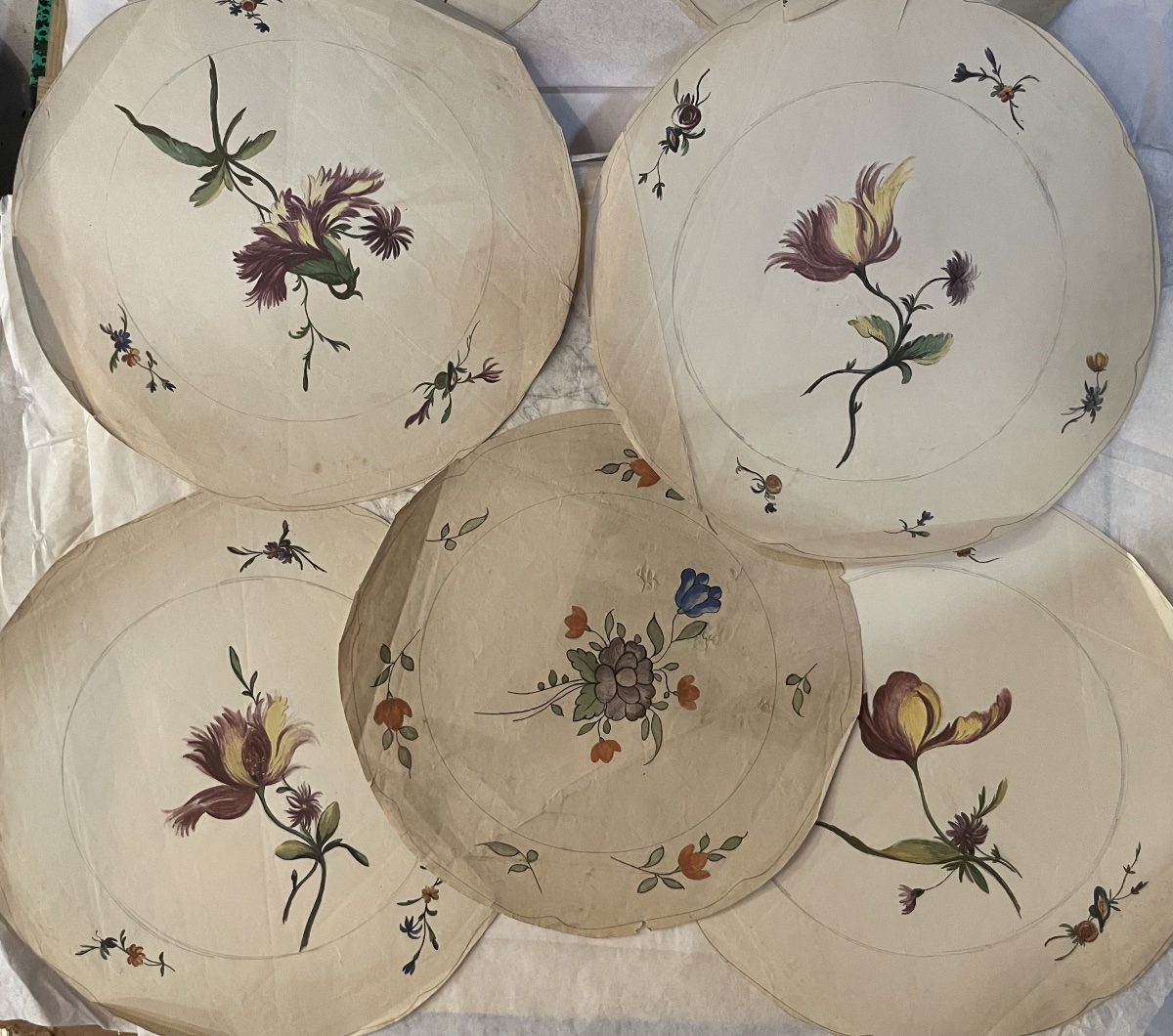 Seven Drawings Of Floral Designs For Ceramic Plates, After 18th-century Models