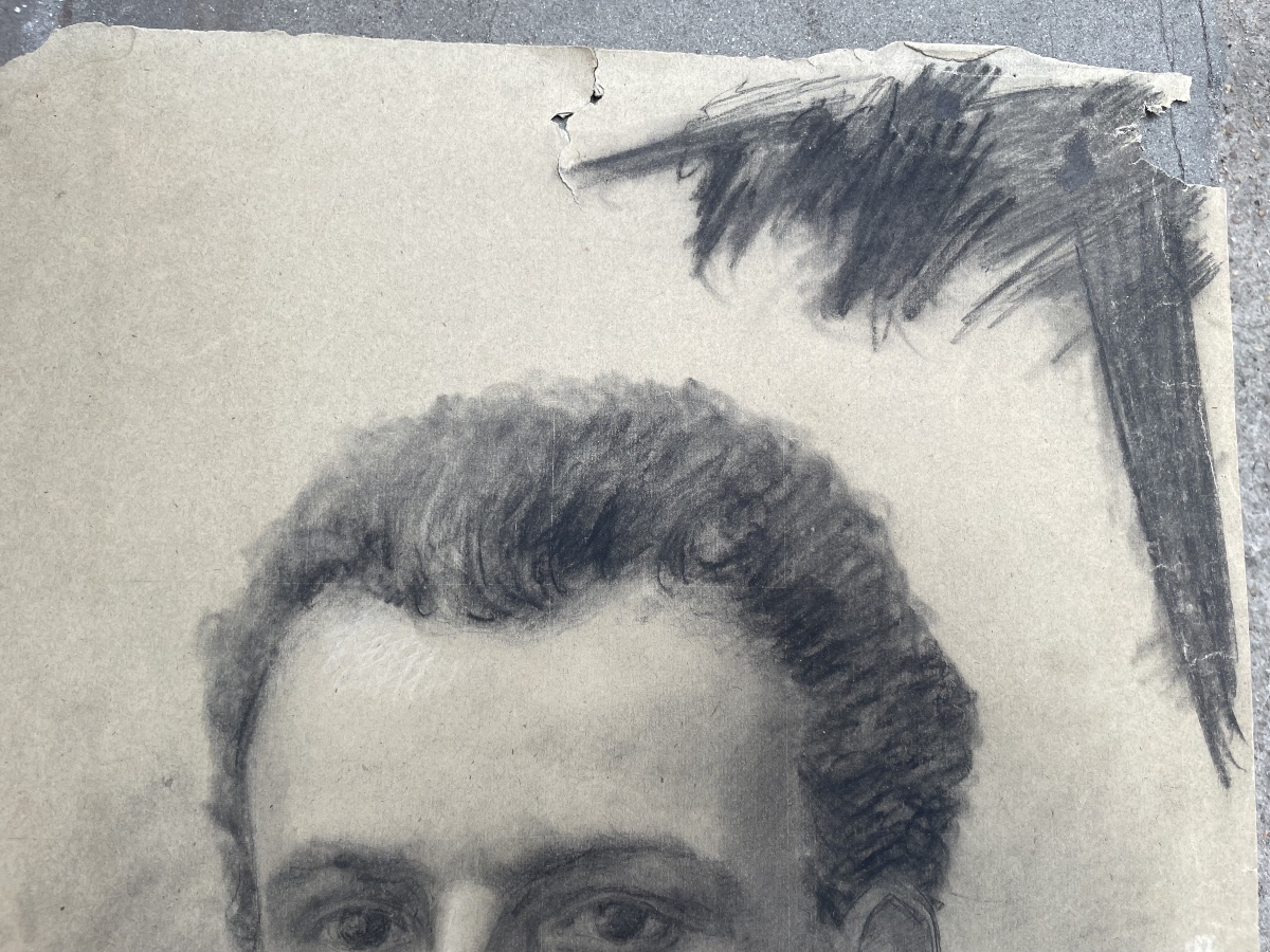 Dessin, portrait d’homme à moustache et nœud papillon, atelier de Enrico Reffo, 32 × 45 cm-photo-3