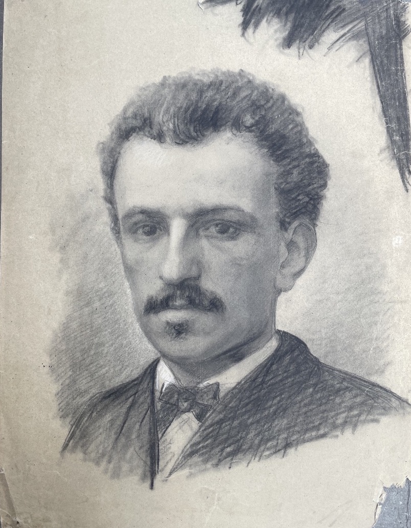 Dessin, portrait d’homme à moustache et nœud papillon, atelier de Enrico Reffo, 32 × 45 cm