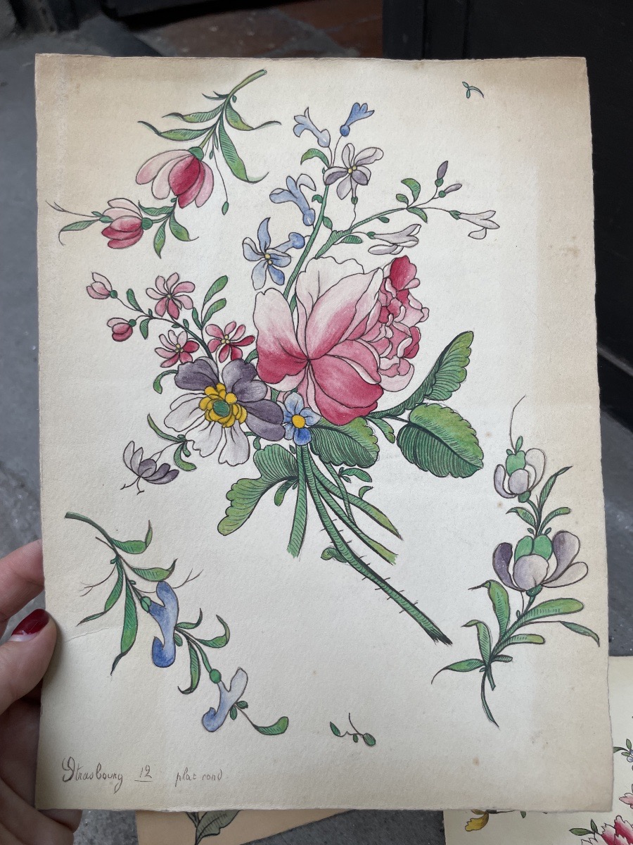 5 Watercolors, Models For “strasbourg” Faience Plate Decorations, Ceramic Workshop Archive, 20c-photo-2