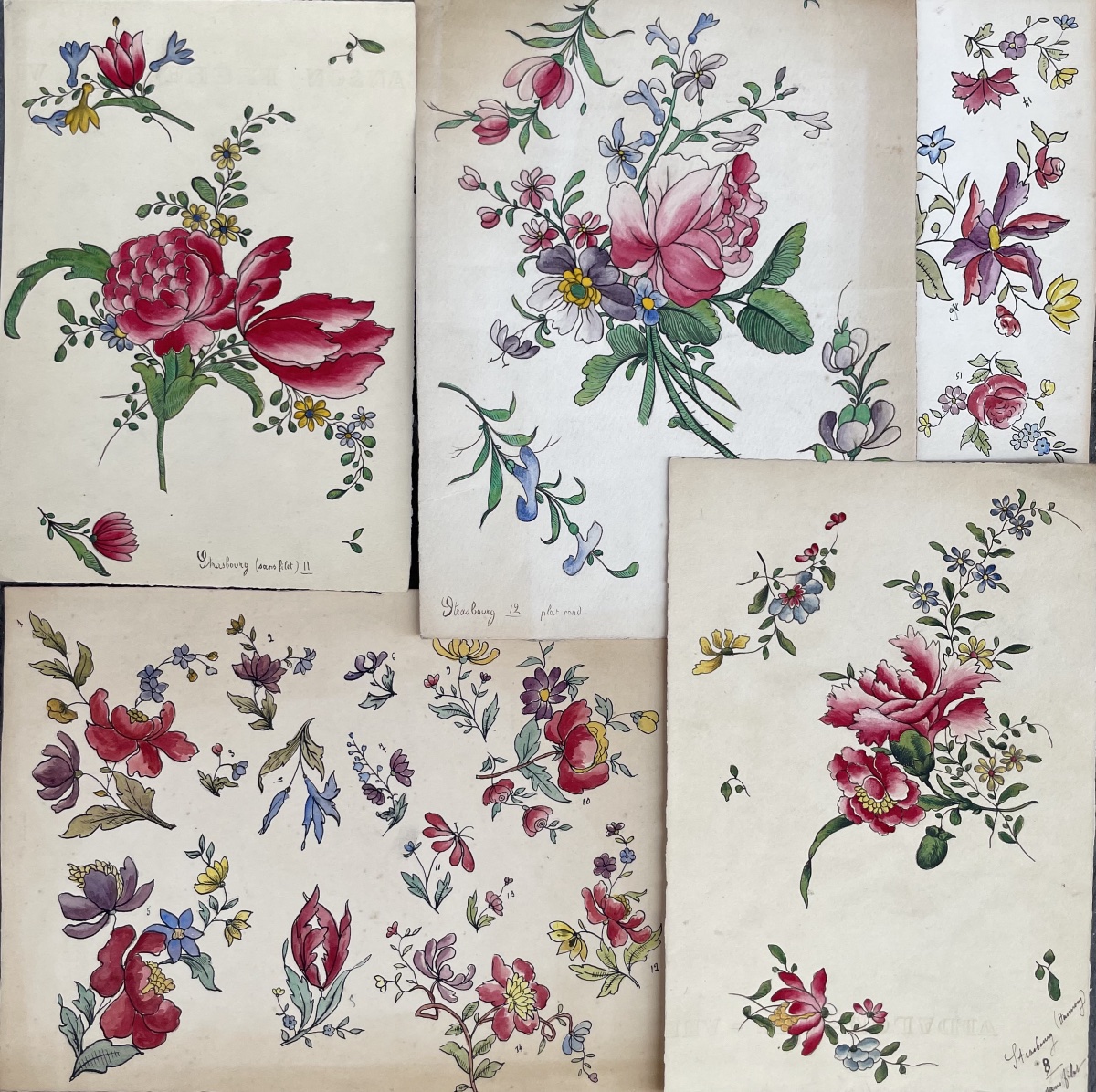 5 Watercolors, Models For “strasbourg” Faience Plate Decorations, Ceramic Workshop Archive, 20c