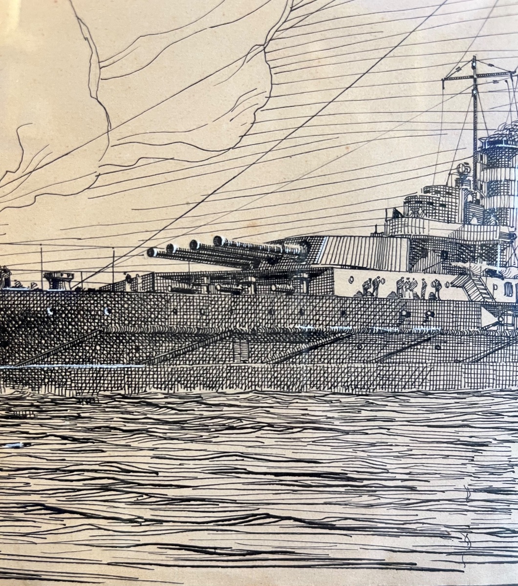 Deux encres de cuirassés en mer – Pierre Leconte (1894-1946)  Encre sur papier.  Deux dessins-photo-4