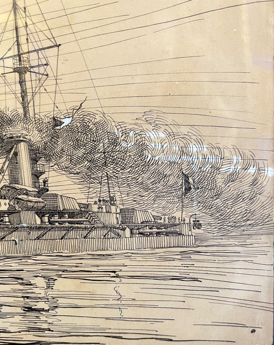 Deux encres de cuirassés en mer – Pierre Leconte (1894-1946)  Encre sur papier.  Deux dessins-photo-5