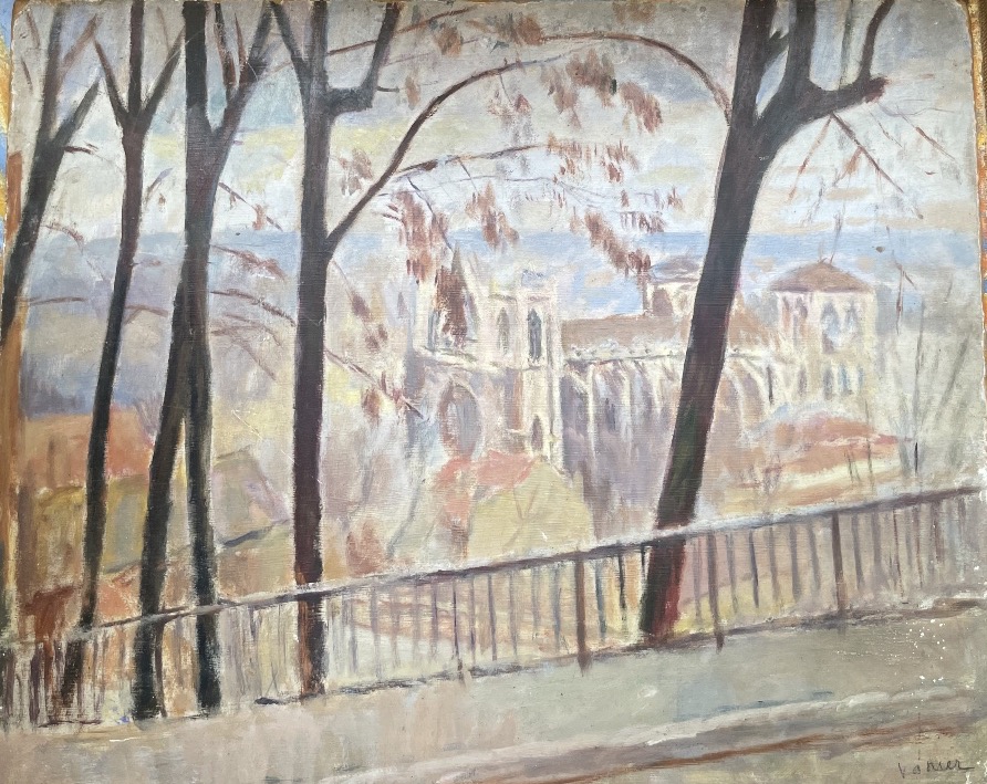 Cathédrale gothique vue depuis une colline boisée, signée Vanier, vers 1940  -photo-2