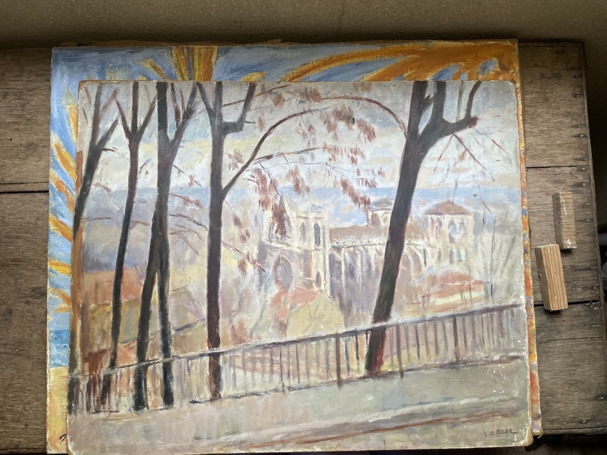 Cathédrale gothique vue depuis une colline boisée, signée Vanier, vers 1940  -photo-3