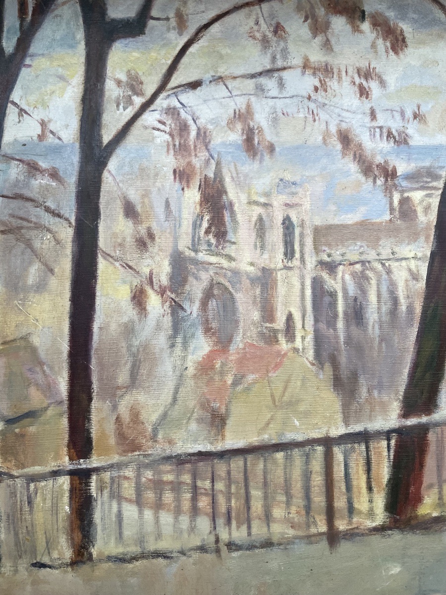 Cathédrale gothique vue depuis une colline boisée, signée Vanier, vers 1940  -photo-1