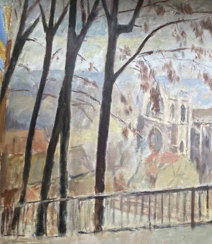 Cathédrale gothique vue depuis une colline boisée, signée Vanier, vers 1940  -photo-2