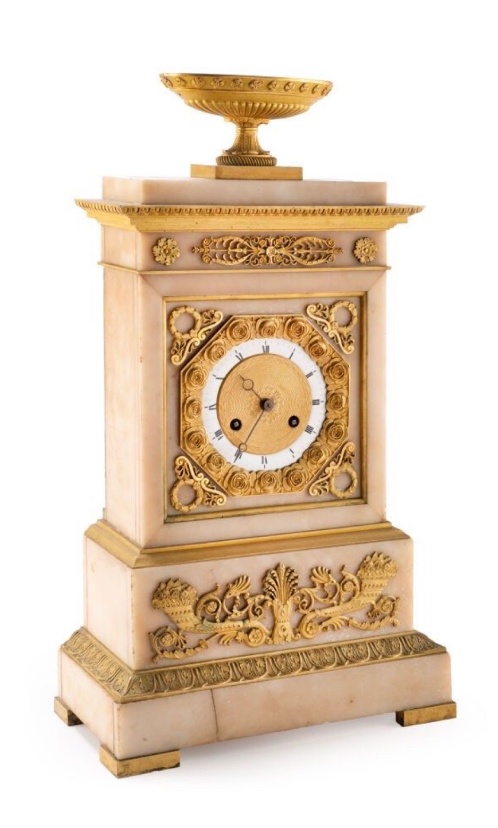 Charles X Clock In Alabaster And Gilt Bronze With Rose Garland Dial, Circa 1825, Working  -photo-6