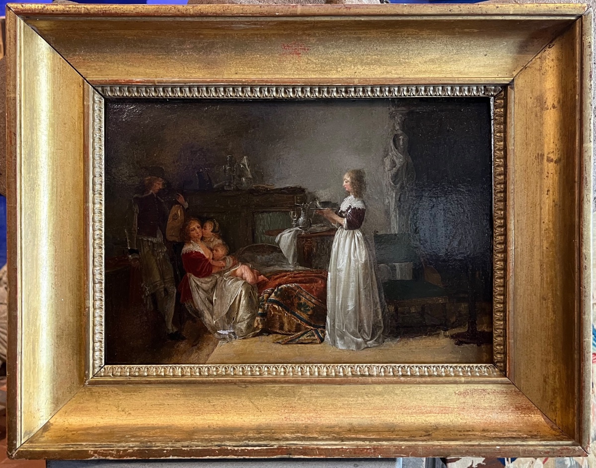 Jean-baptiste Mallet (1759–1835), Attributed, 17th-century Interior With Mother And Lutenist-photo-2