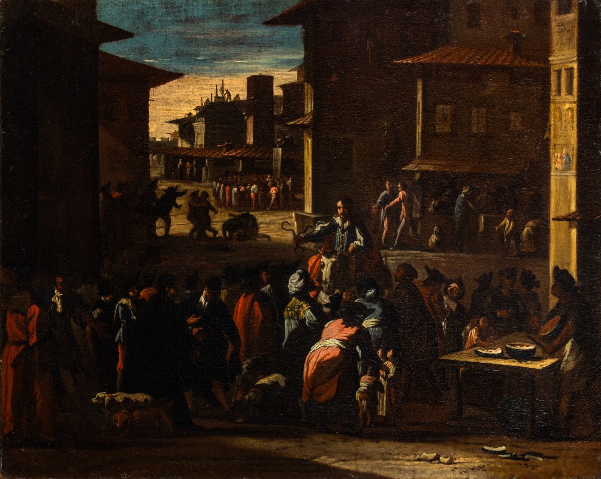 Charlatan With Snakes In A Roman Square, Bamboccianti, 17th Century  