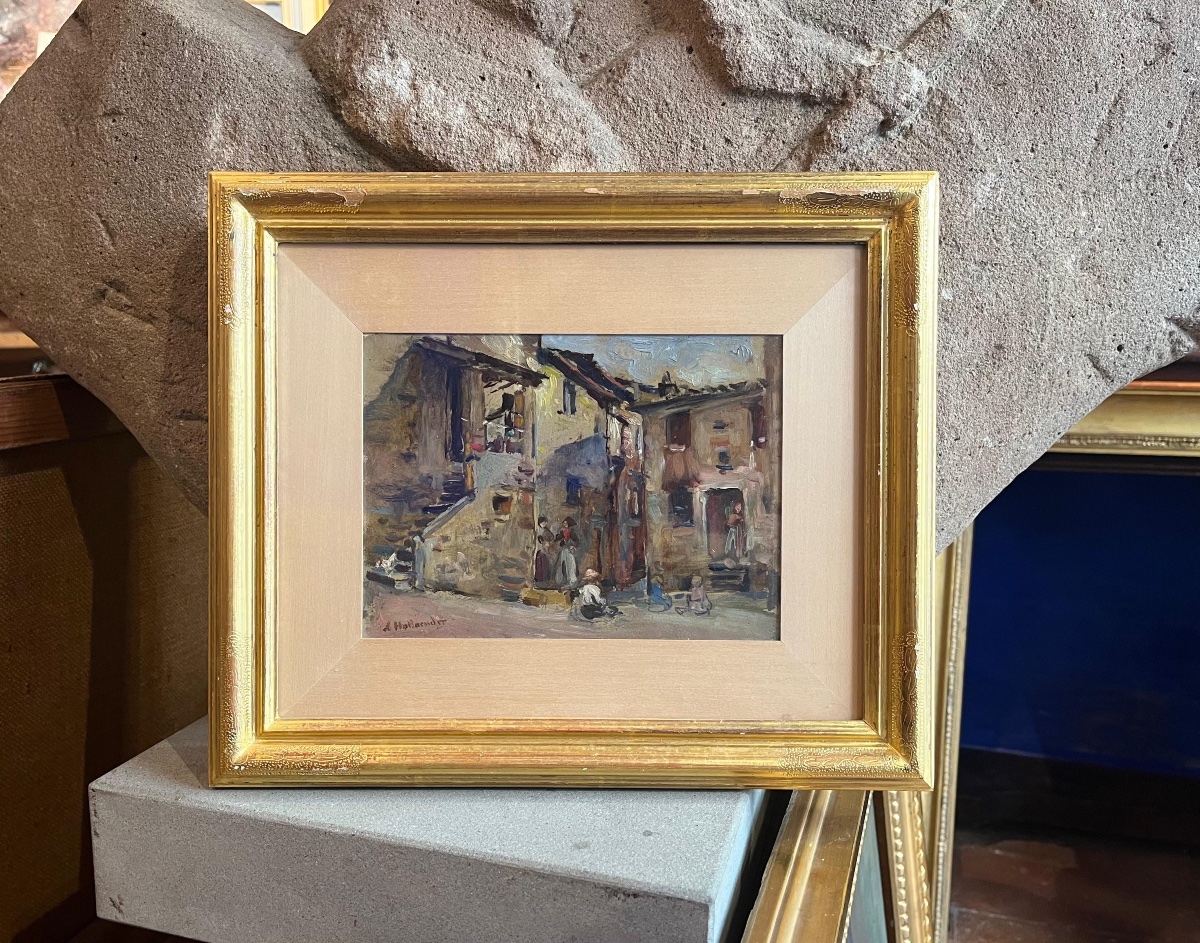 Alfonso Hollaender, Houses In A Tuscan Village With Figures, Signed  -photo-4
