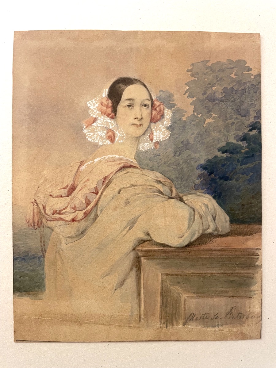 Portrait Of A Young Woman In A Hooded Cape, “marta S[?]. Pieterburg”, Circa 1840  Watercolour