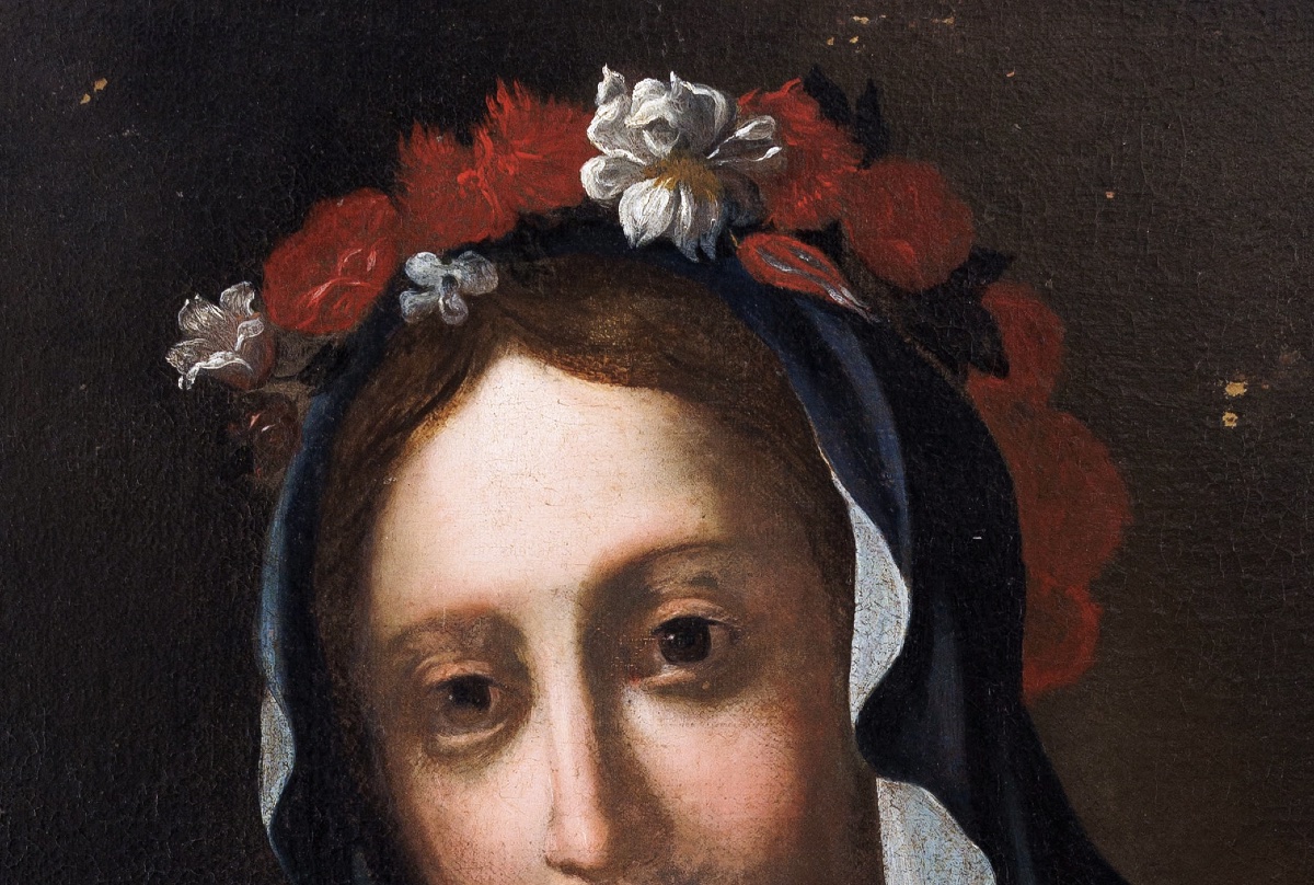 École florentine, vers 1640 Sainte Agnès à l’agneau et couronne de fleurs Cm67x56-photo-3