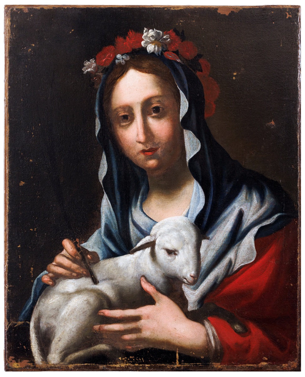 École florentine, vers 1640 Sainte Agnès à l’agneau et couronne de fleurs Cm67x56